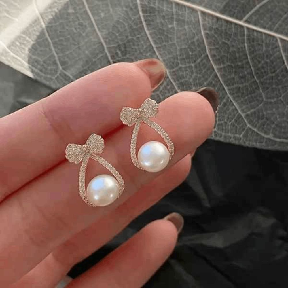 Bow Water Drop Pearl Diamond Stud Earrings